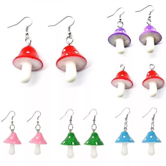 Pink Mushroom Drop Earrings Psychedelic Magic Fun Funky - Picture 2 of 3